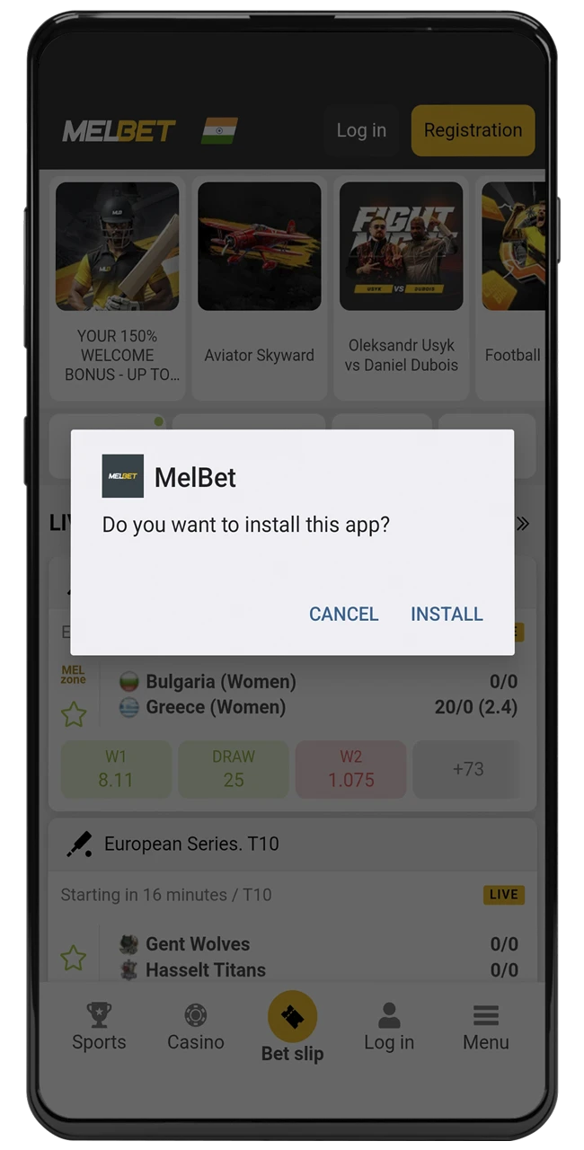 Wait for the installation of the Melbet app on your Android device to complete.