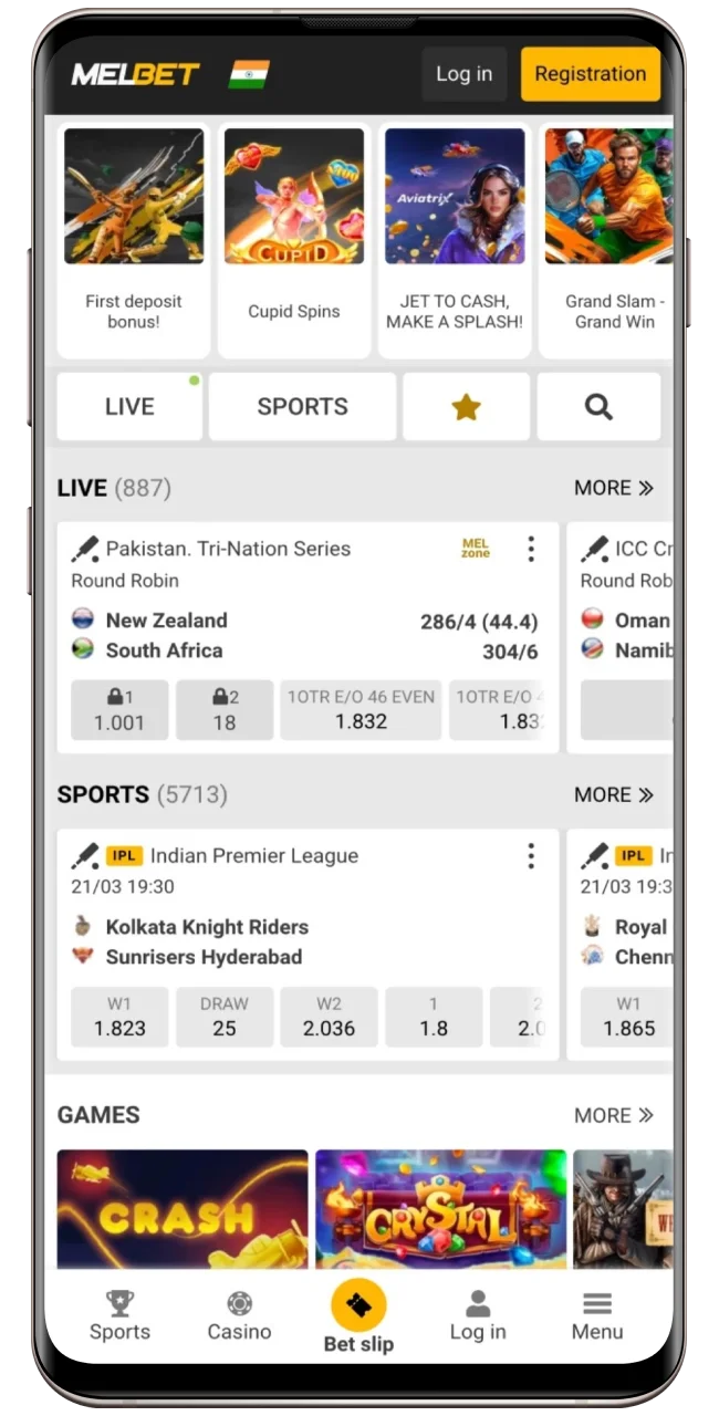 Home page of the official Melbet app.