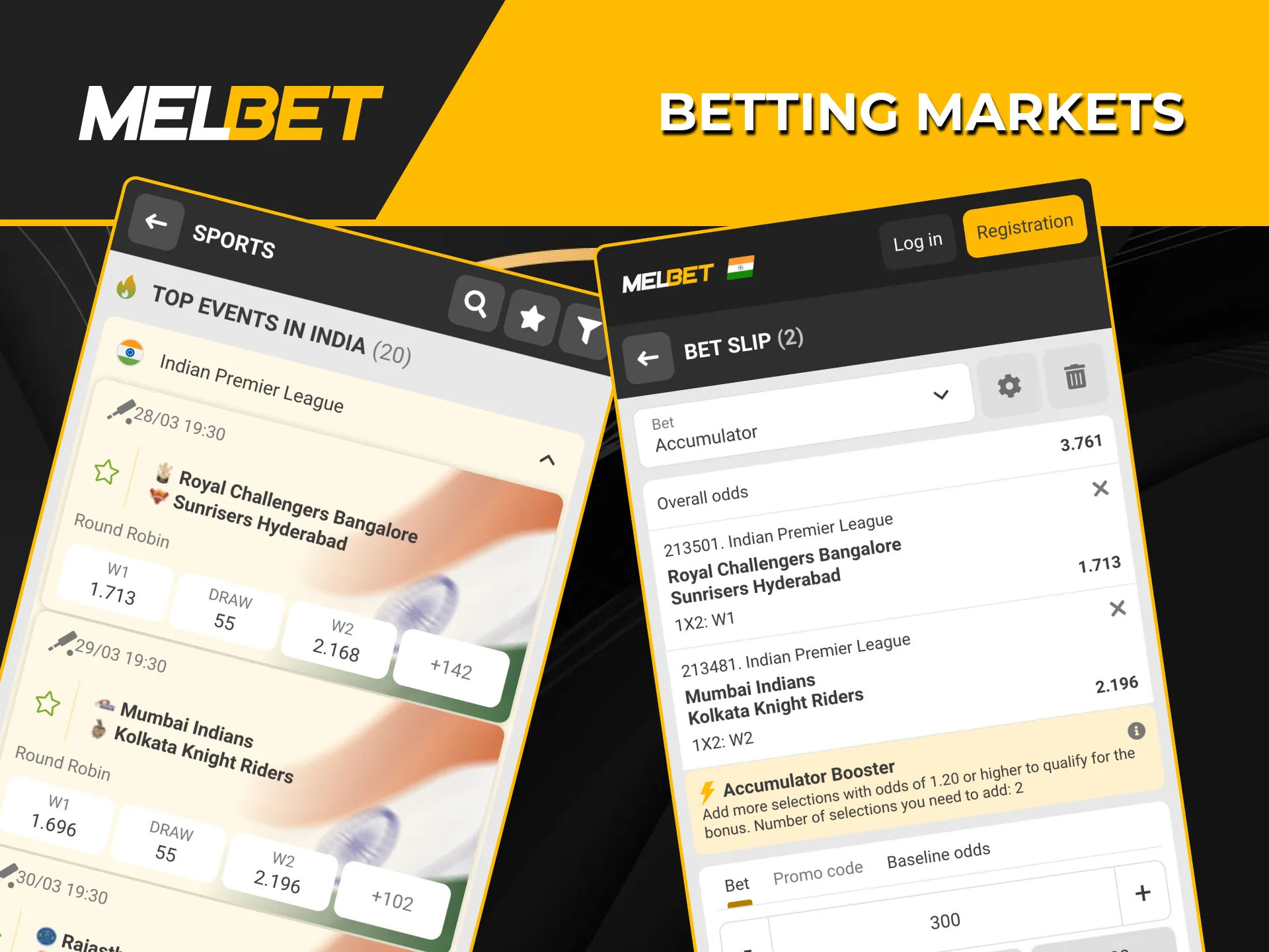 IPL betting markets include totals, handicaps and outrights on Melbet.