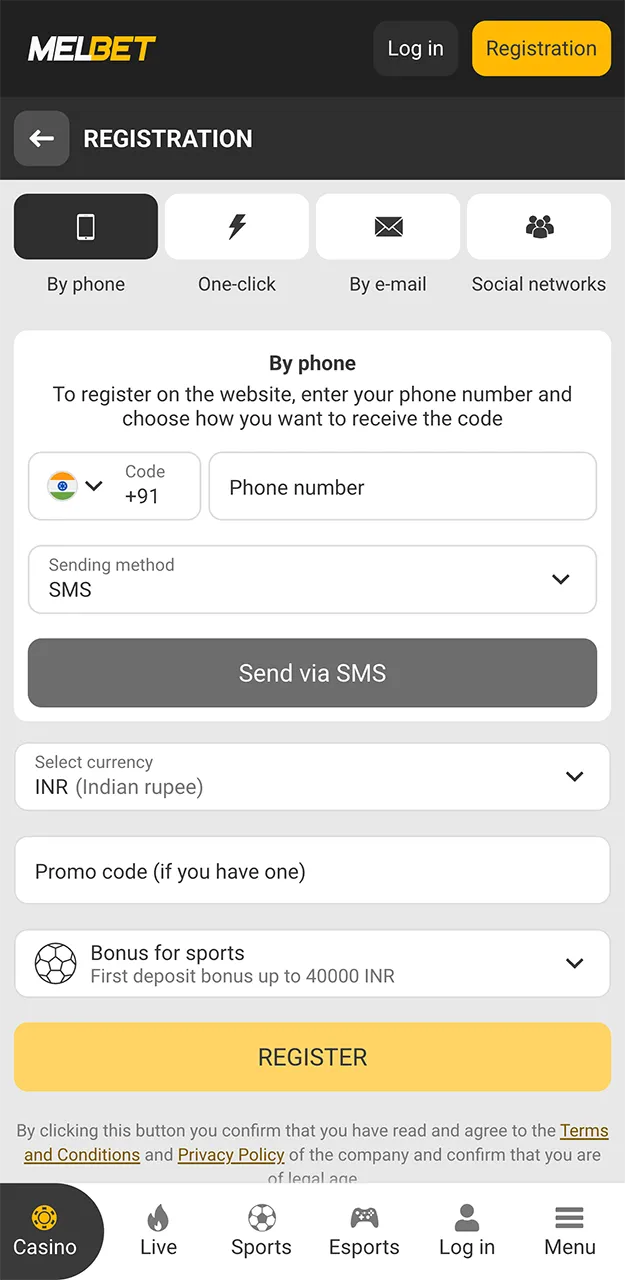 Melbet registration form.